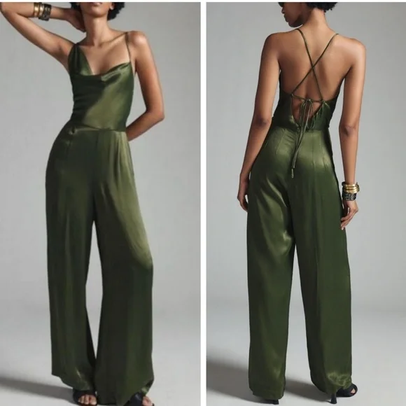 Anthropologie Green Satin Jumpsuit